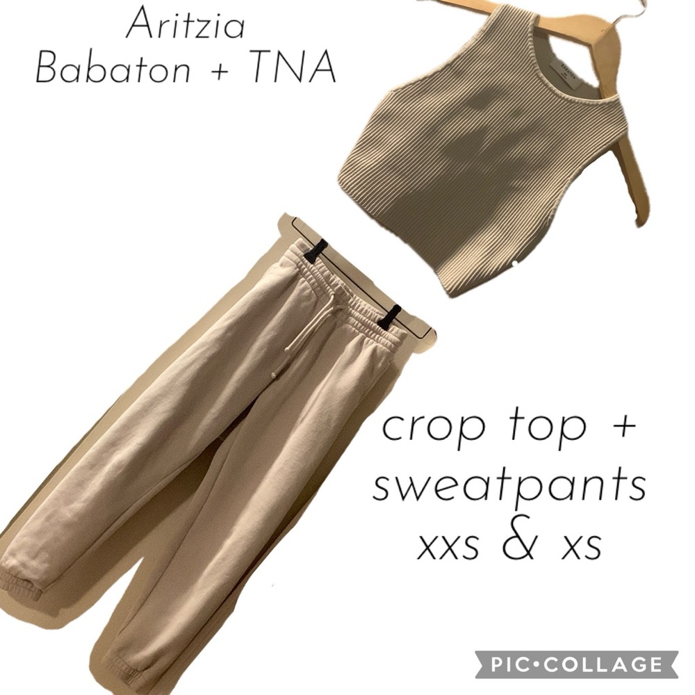 Aritzia Babaton TNA XS and XXS outfit - neutral bone white crop top and sweats - Picture 1 of 10